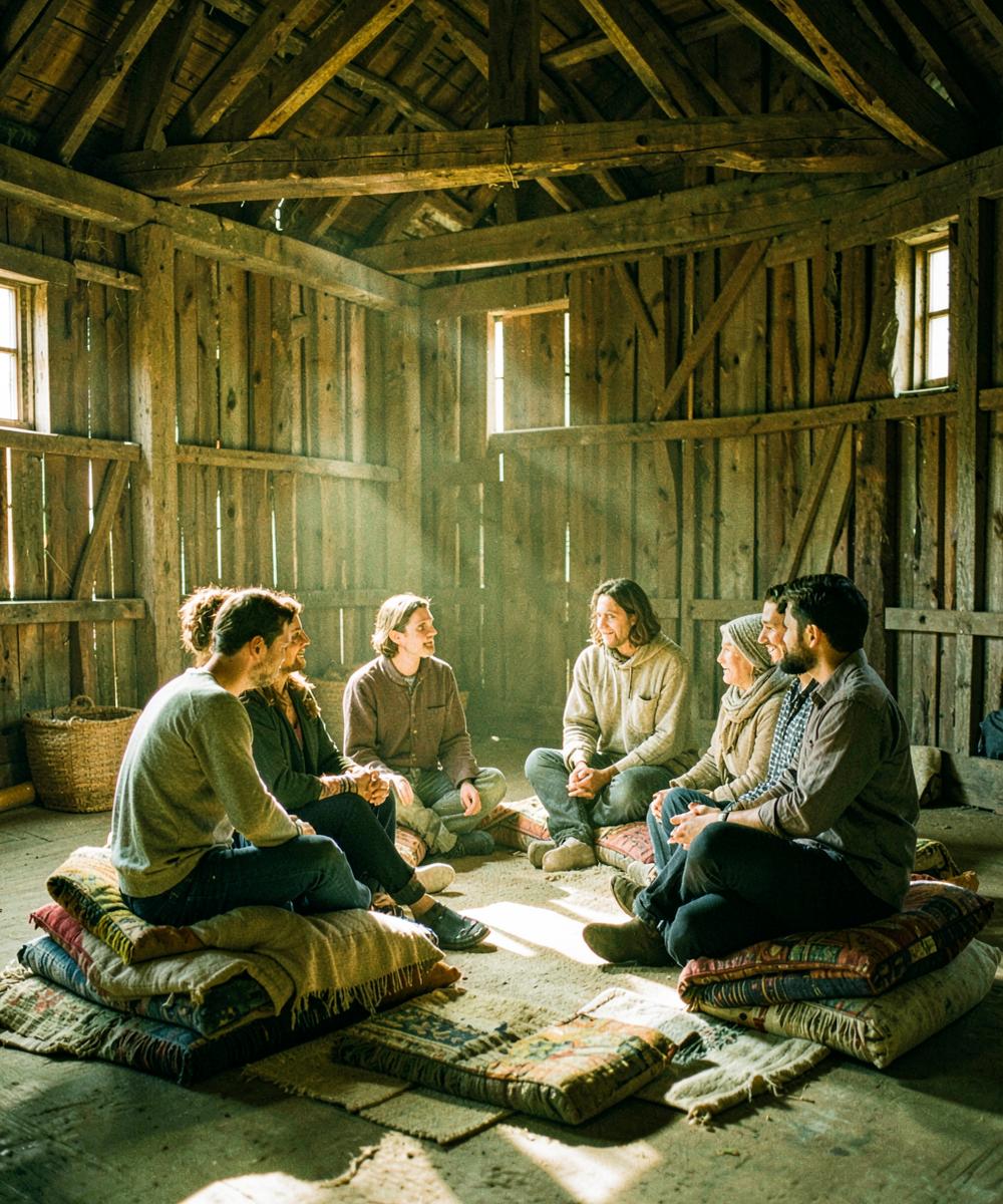A small circle of people sitting together on cushions in a sunlit barn