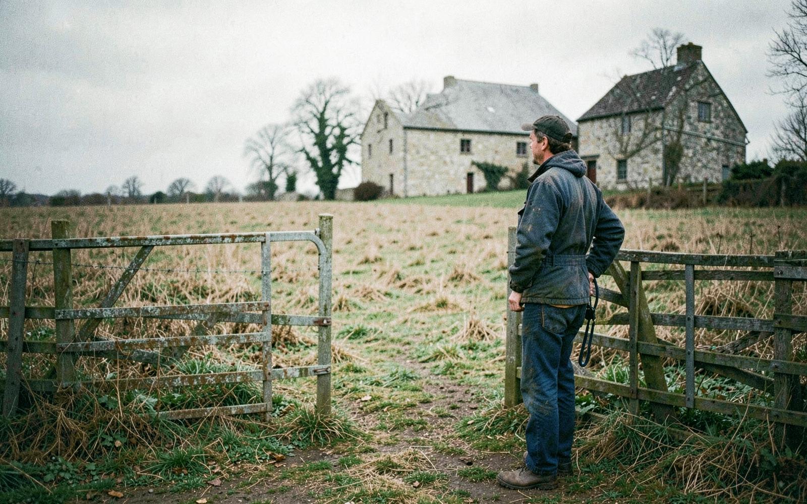 A landowner standing at a farm gate looking across fields towards a stone barn