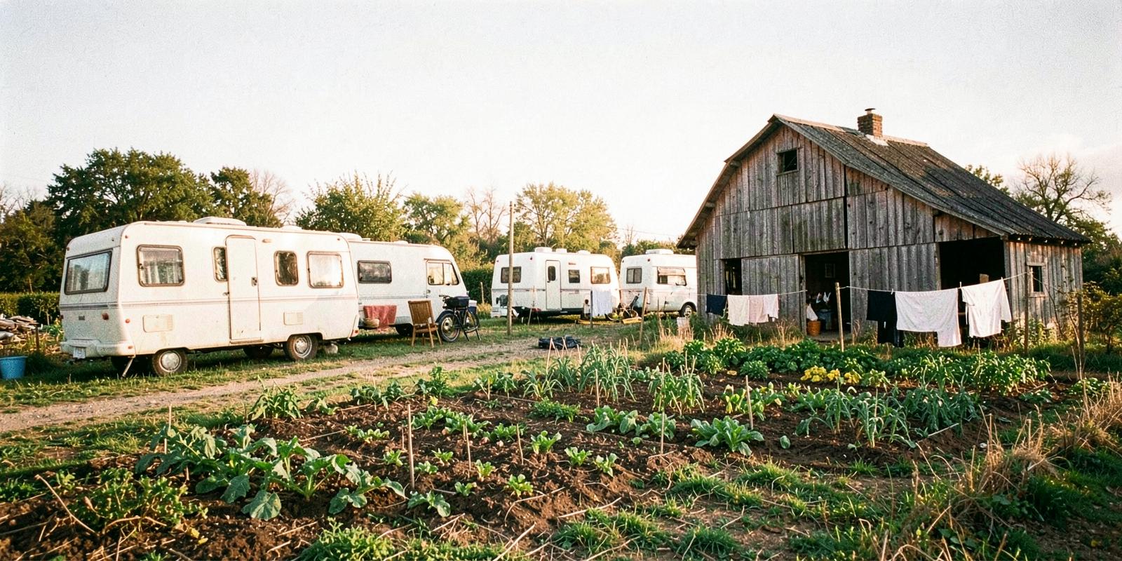 Caravans and a barn on leased farmland with vegetable beds and a washing line