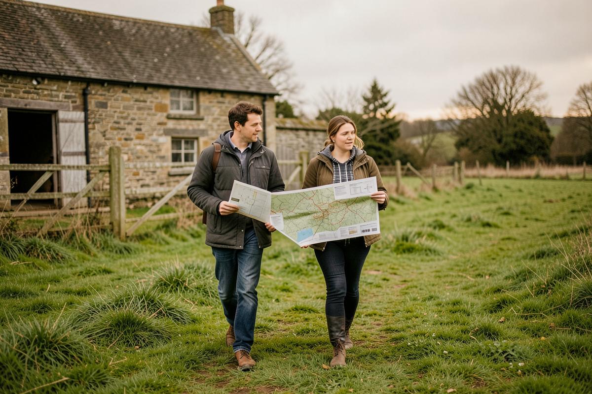 Two people walking a green field with a map, beside a stone barn and gate