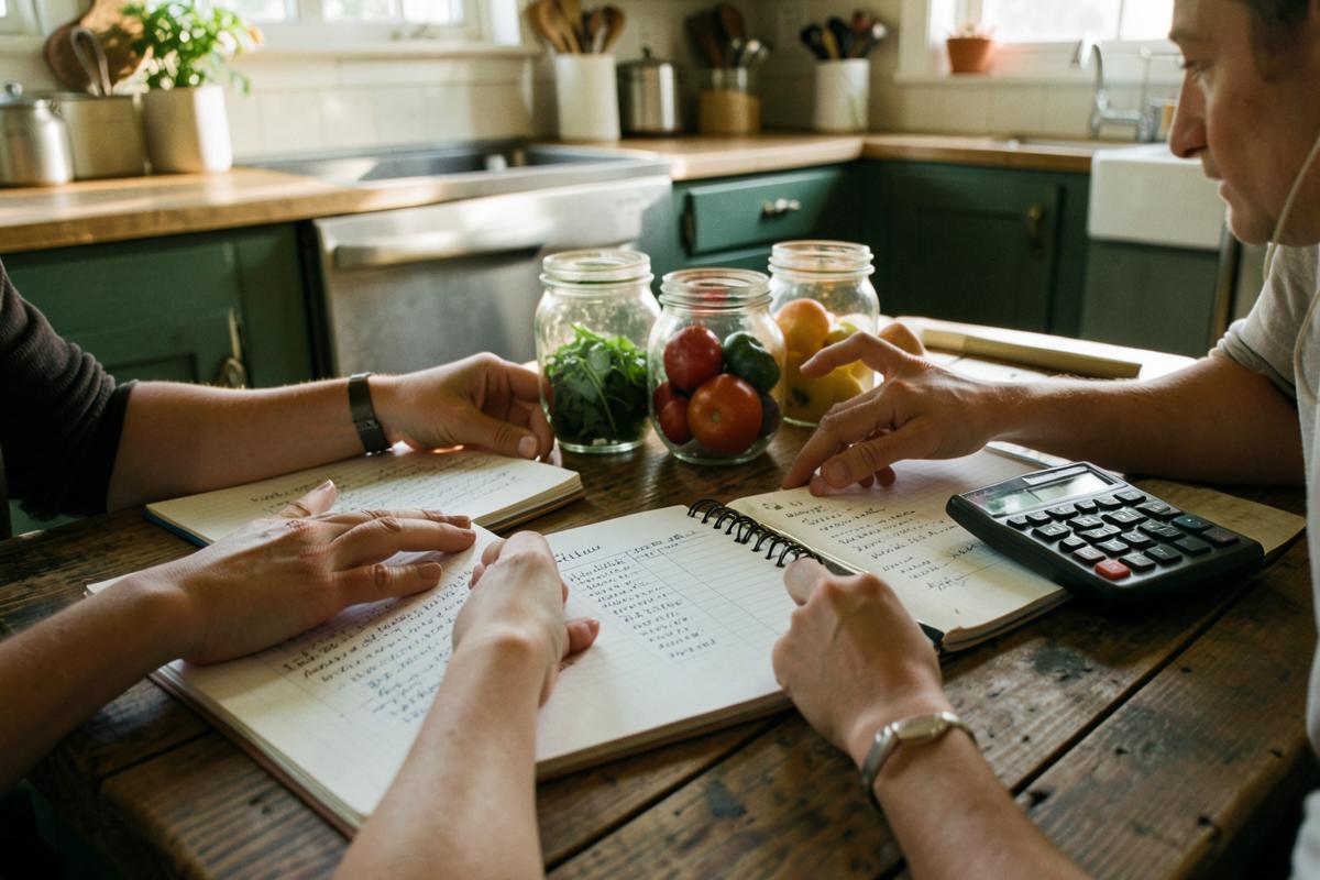 Hands at a kitchen table with notebooks, a calculator and jars of produce
