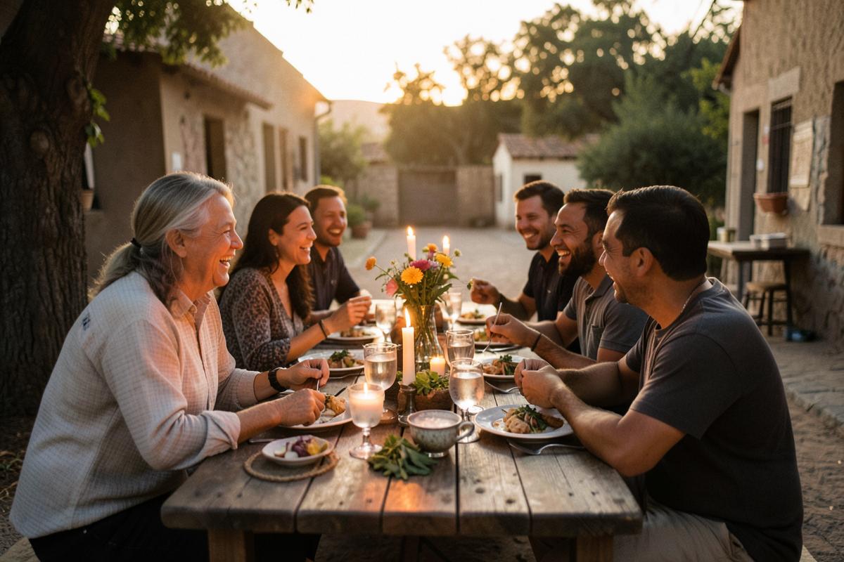 A community sharing a long outdoor meal at dusk with candles and flowers