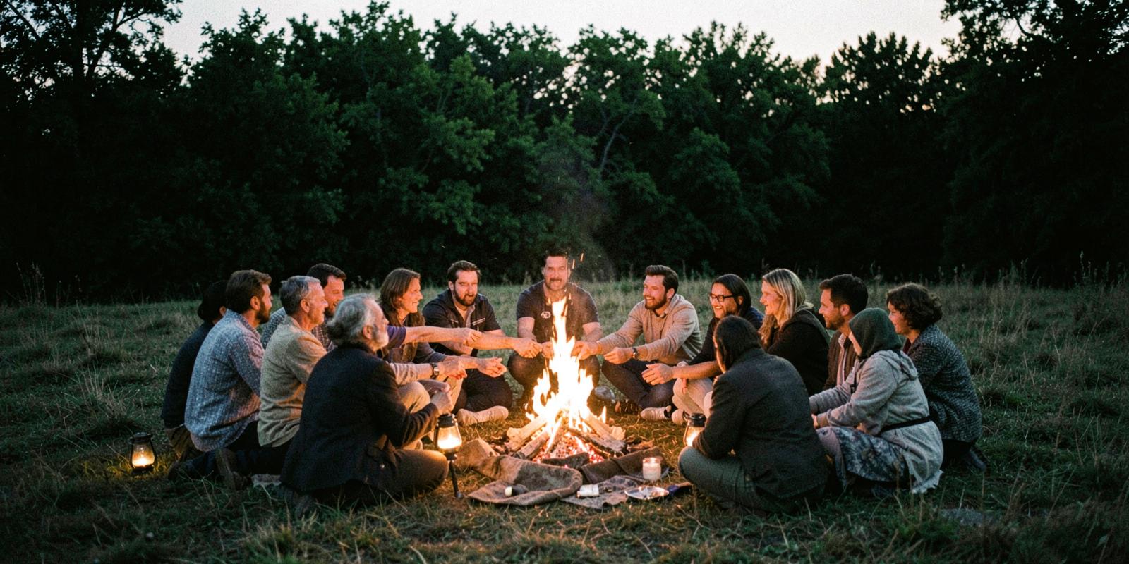 A community circle holding hands around a fire at dusk
