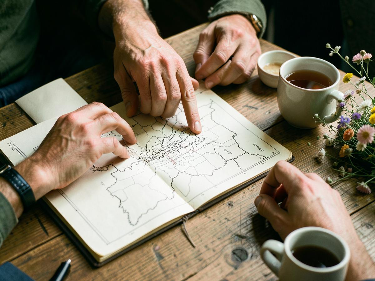 Hands around a wooden table with a notebook, hand-drawn map and mugs of tea